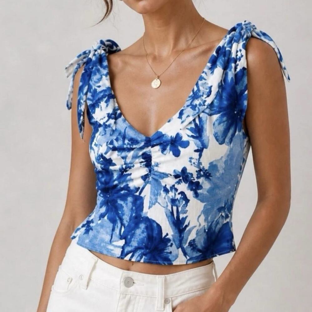 Zara Size S Blue White Floral Tie Sleeve Crop Tank Top V Neck Coquette Resort